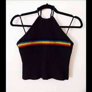 Vintage 90's Halter Top, Black with Rainbow Stripe, Women's Size Small